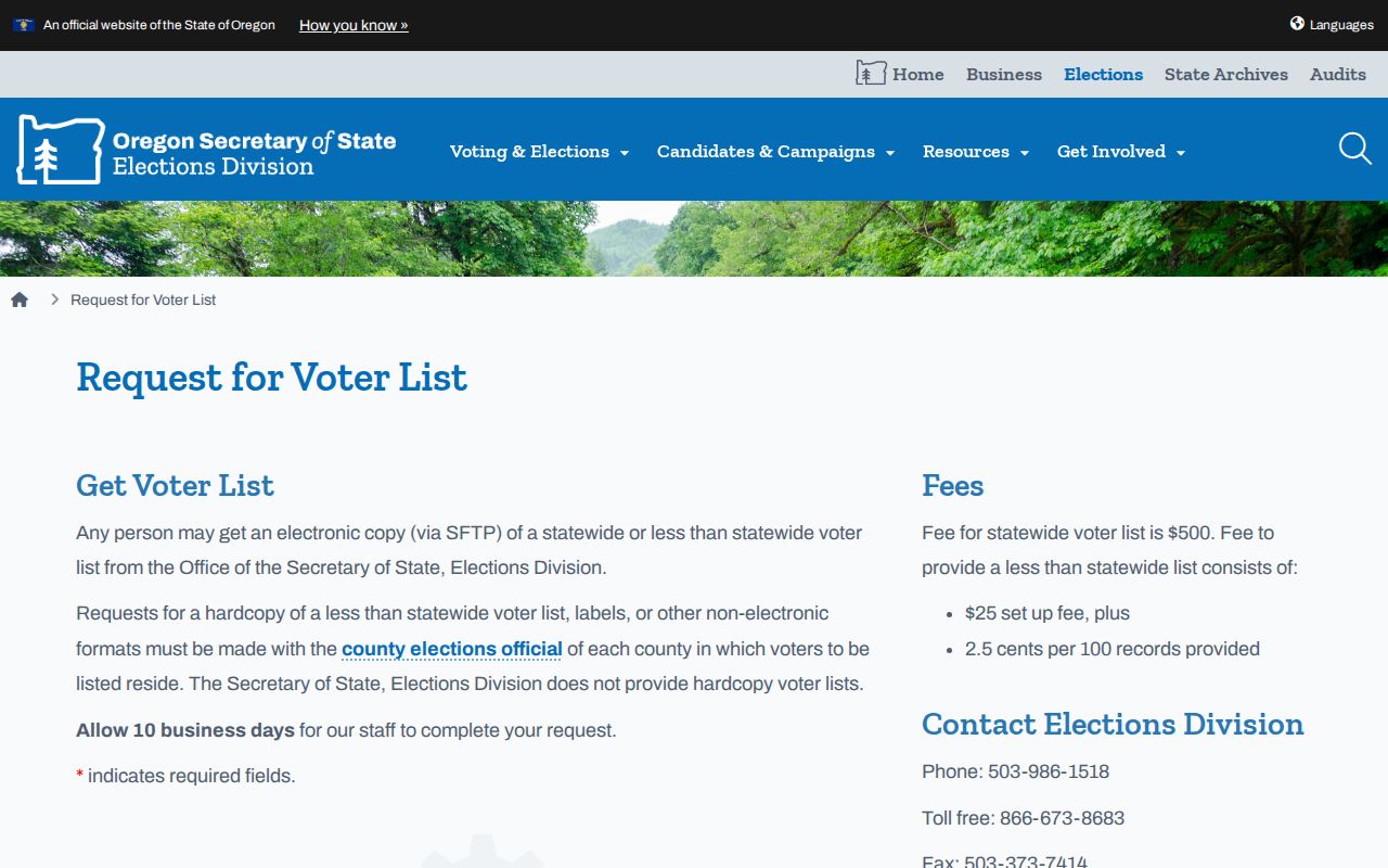 Marion County residents directory reference to Oregon voter-list request options