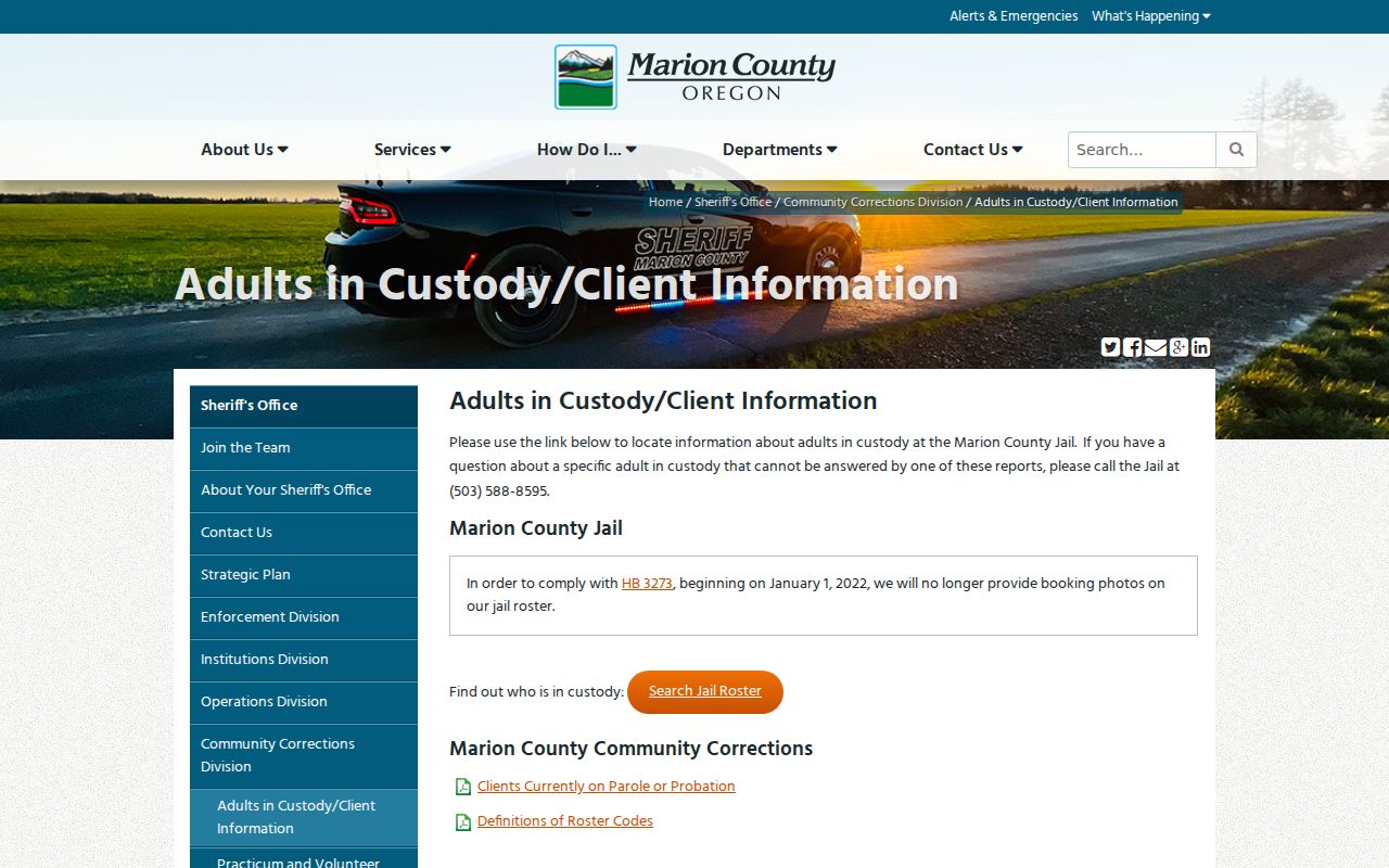 Marion County Resident Lookup view of Marion County jail roster information