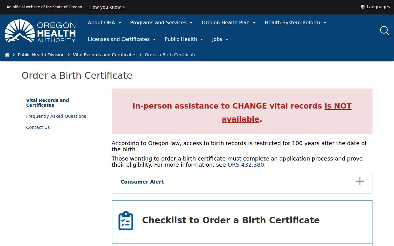 Marion County Resident Lookup view of Oregon birth certificate order guidance