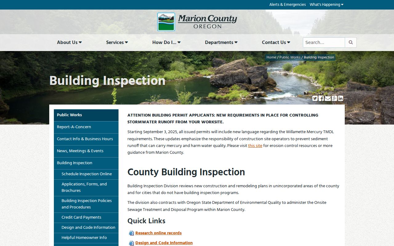 Marion County street directory building records page showing county permit research and ePermitting routes
