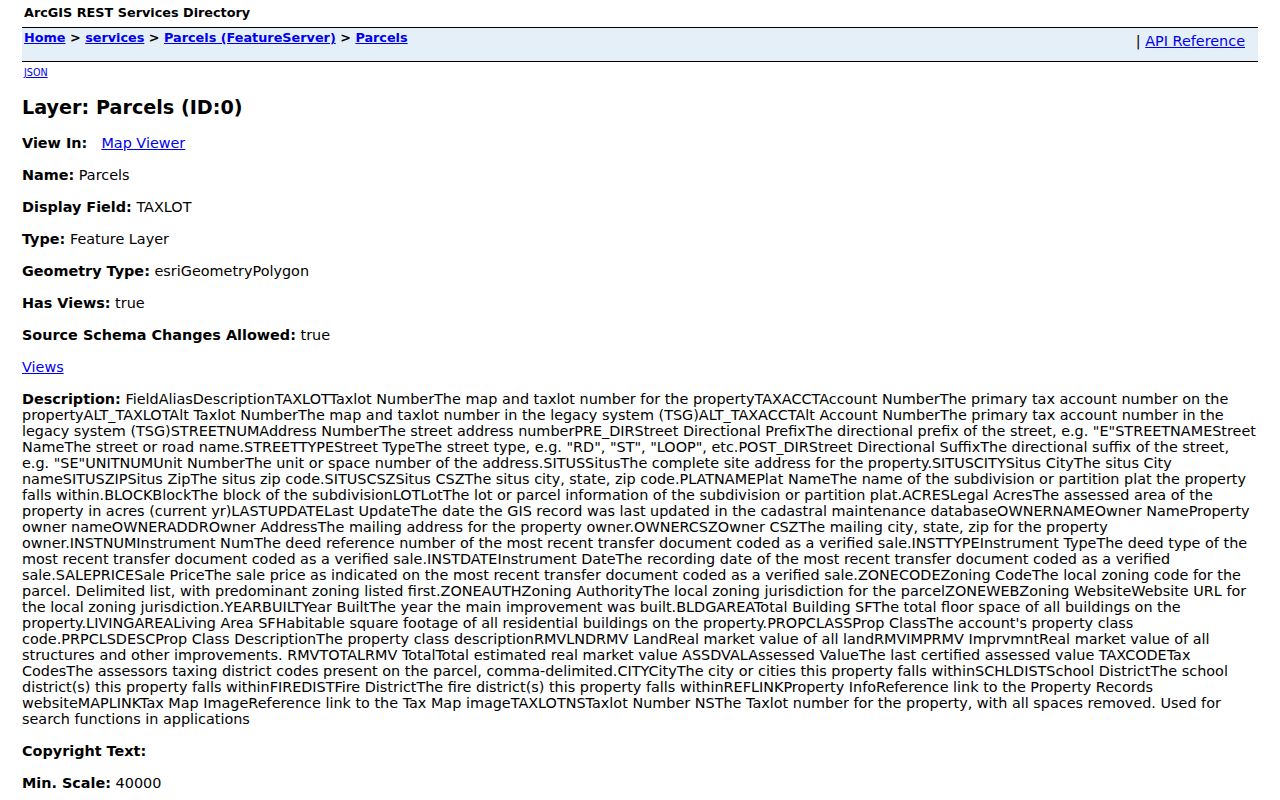Marion County street directory parcel field schema showing address, owner mailing, legal, sale, and district data